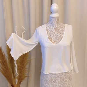 ZARA white sheer lace up back top with bell sleeves size XS